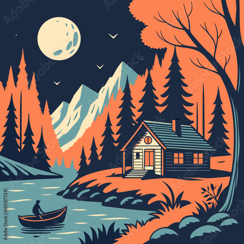 Cabin by lake, boat, autumn trees, sunset.