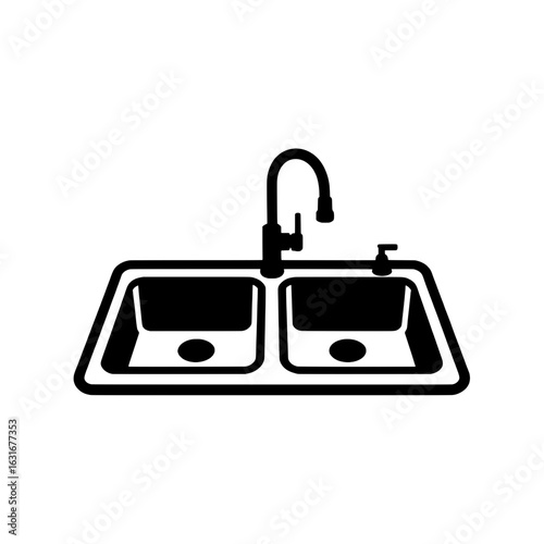 Double kitchen sink with faucet and soap dispenser. Black and white vector illustration of basin, tap, plumbing. Simple monochrome icon, symbol, pictogram, logo for household, cleaning, dishwashing.