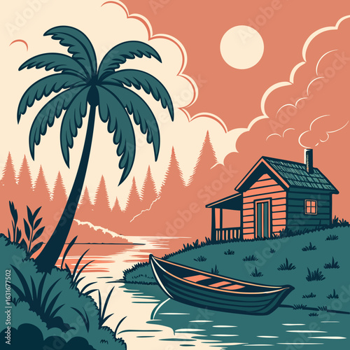 Cabin by lake, boat, autumn trees, sunset.