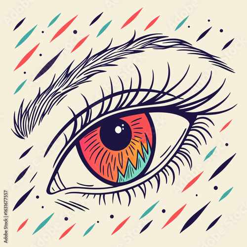 Surreal eye, bold lines, flowing hair, vivid colors.