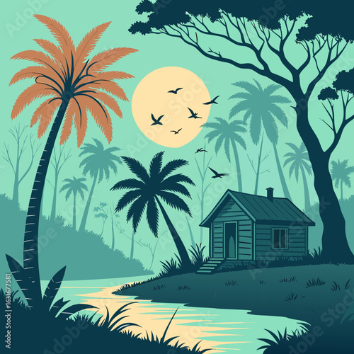 Cabin by lake, boat, autumn trees, sunset.
