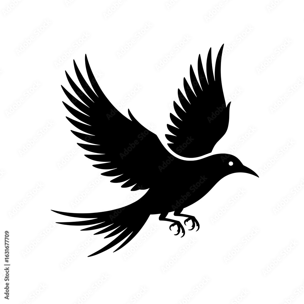 Obraz premium Black bird in flight vector illustration. Monochrome silhouette of a flying bird with spread wings, detailed feathers, and claws. Simple, elegant avian design element for logos, icons, and nature-them