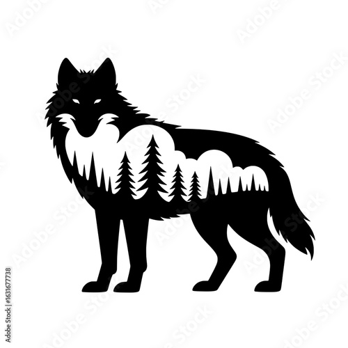 Black and white vector illustration of a wolf silhouette containing a double exposure effect of a pine forest and clouds. Monochrome graphic design element for wildlife, nature, and wilderness themes.