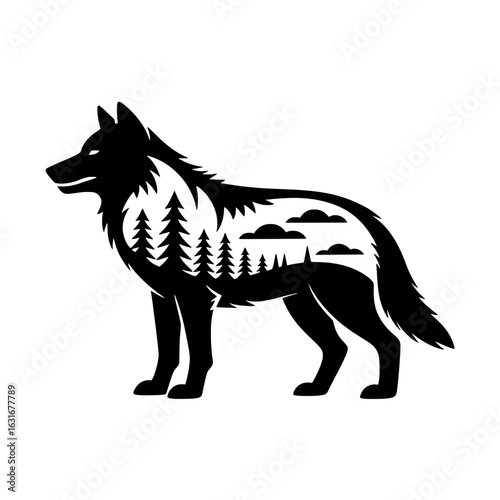 Monochrome vector illustration of a wolf silhouette containing a forest scene with pine trees and clouds. Nature-inspired double exposure graphic, wildlife art, wilderness concept. Vector design eleme