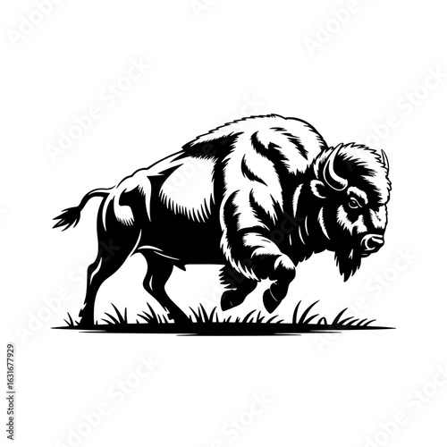 Charging bison vector illustration. Monochrome graphic of American buffalo, wild bull in prairie grass. Vintage style black ink drawing, detailed fur and horns. Design element for wildlife, western th