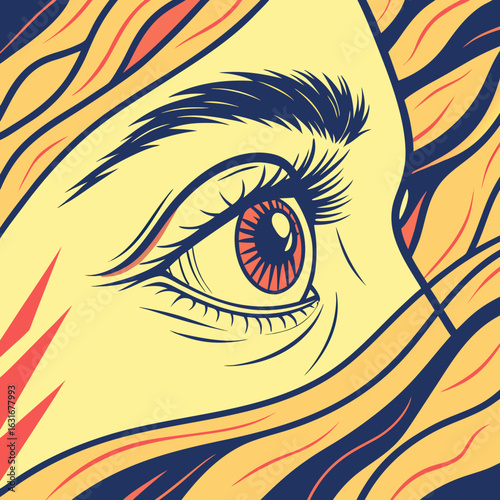 Surreal eye, bold lines, flowing hair, vivid colors.