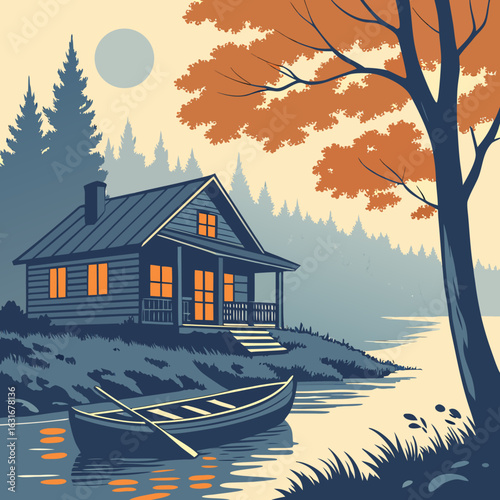 Cabin by lake, boat, autumn trees, sunset.