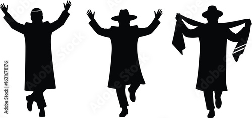 Silhouette of Hasidic Jewish men dancing in traditional attire, vector illustration with hats, tallit, and joyful expressions