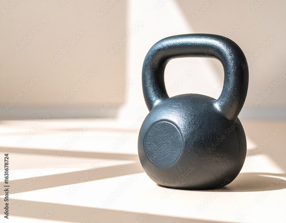Fototapeta premium Minimalist visual of a kettlebell placed on the right against a charcoal solid background – perfect for fitness ads, strength training posters, or gym brand campaigns with ample space for text