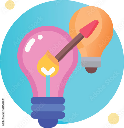 A lighted matchstick ignites bright light emanating from a pink lightbulb near an orange bulb
