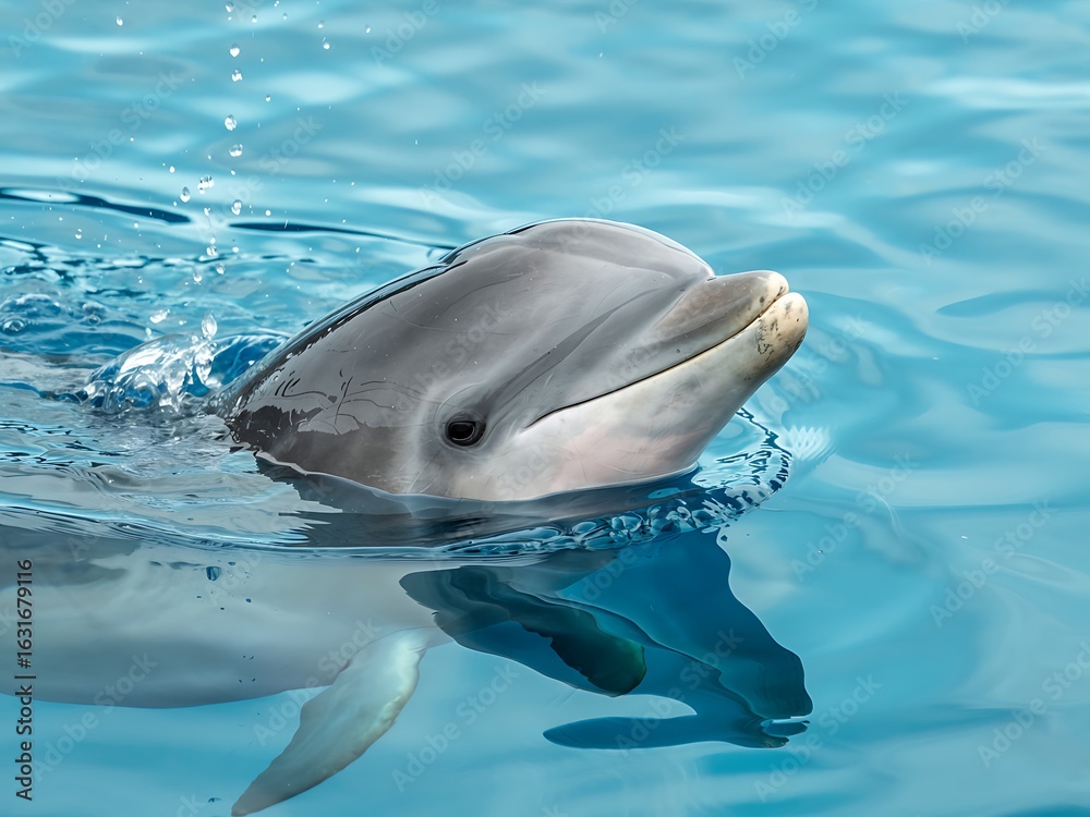 Fototapeta premium Dolphin surfacing in clear blue water with splashes