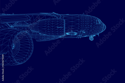 A 3D wireframe model of an aircraft displays intricate structural details on a solid blue background. The blueprint-style rendering highlights the plane's framework, wings.