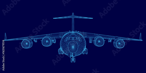 A detailed 3D wireframe model of an aircraft on a solid blue background, showcasing the intricate blueprint design. The transparent mesh structure highlights the plane's engineering and aerodynamic.