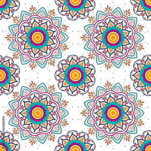 A seamless digital illustration of a vibrant mandala pattern featuring floral and geometric elements. This design blends boho and traditional Asian motifs with bold colors including teal, magenta.
