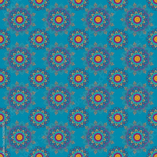 A seamless digital illustration of a vibrant mandala pattern featuring floral and geometric elements. This design blends boho and traditional Asian motifs with bold colors including teal, magenta.