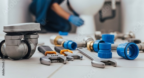 Plumbers tools and pipes laid out on a tiled floor a plumber works in the background