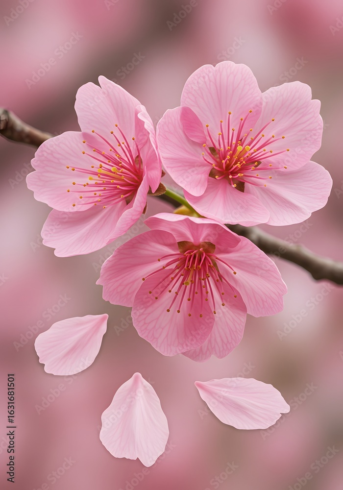 Obraz premium cherry blossom flowers and petals, wedding decorations. pink sakura blossom flowers with delicate petals and red stamens - spring cherry blooms isolated on white for Japanese floral design, 