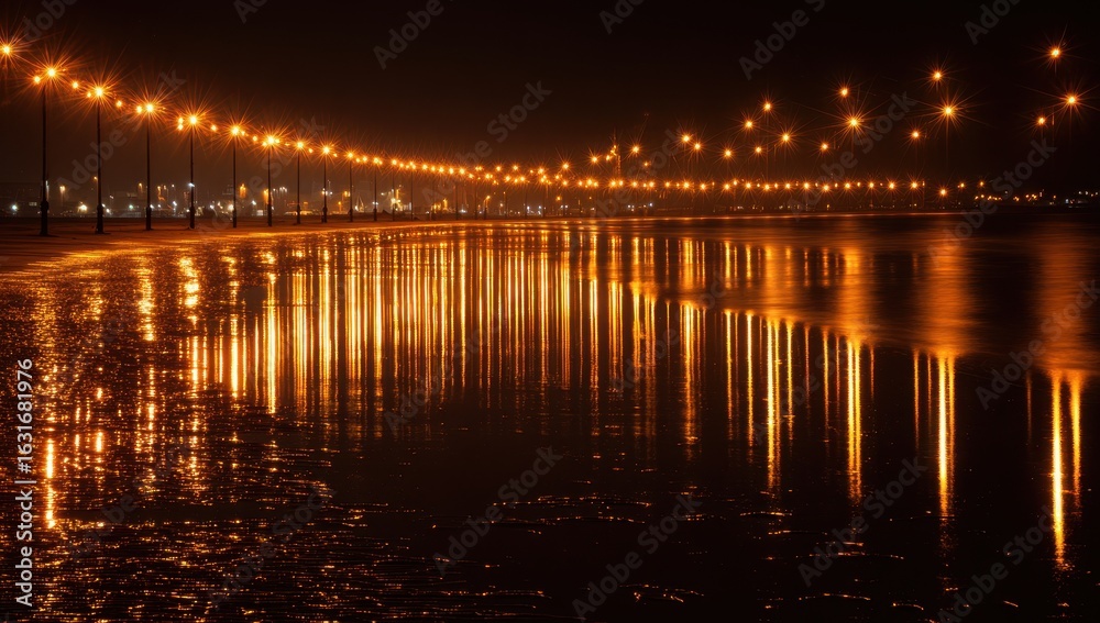 Fototapeta premium Row of streetlights reflected on dark water, creating a shimmering, warm glow