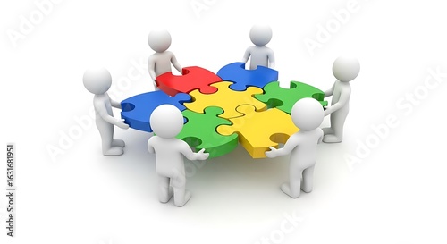 Six white figures connect puzzle pieces in red yellow blue and green