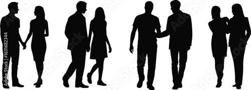 Silhouettes of people holding hands, walking, and chatting in pairs, casual clothing, black vector illustration on white background