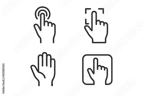 Touch gesture icons: tap, swipe, and click hand symbols in line art
