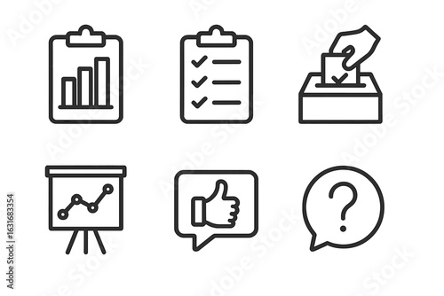 Data and communication icons with charts, voting, and feedback symbols