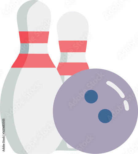Bowling pins and ball stand together in this simple flat lay style scene