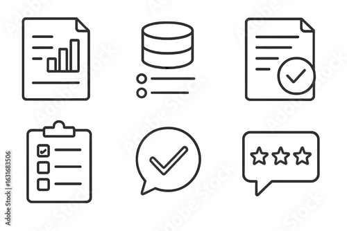 Icon set representing data analysis, database, checklist, approval, rating, and statistics