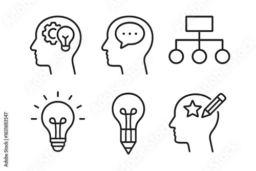 Creative thinking and innovation icons: brain, ideas, and planning symbols