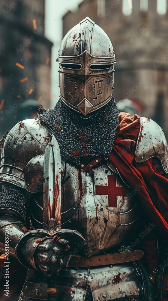 Knight in armor with sword and red cloak, useful for historical and fantasy themes. Knight in armor with sword and red cloak, useful for historical and fantasy themes.