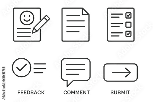 User interface icons: feedback forms, comments, submit buttons in simple line style