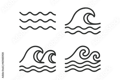 Minimalist wave icons: set of four ocean-themed vector illustrations