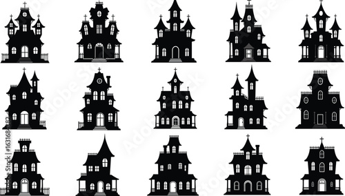Spooky haunted house silhouettes, gothic mansion icons, Halloween buildings, dark eerie houses, scary architecture, black silhouette castles, spooky night scenes