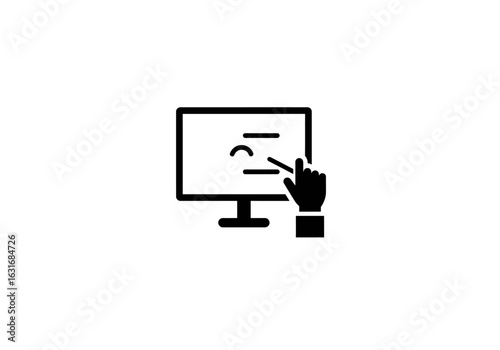 Digital Interface Interaction: A simplified icon of a monitor with hand touching screen, representing the essential aspects of human-computer interaction and information access.