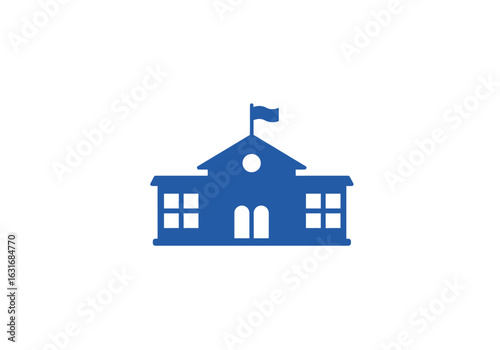 Education Institution Silhouette: A stylized blue silhouette of a school building, symbolizing education, learning, and academic environments, captured in a clean and modern illustration.