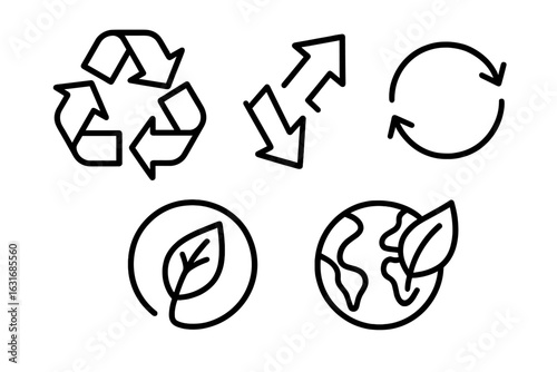 Recycling and sustainability icon set: arrows, globe, leaf