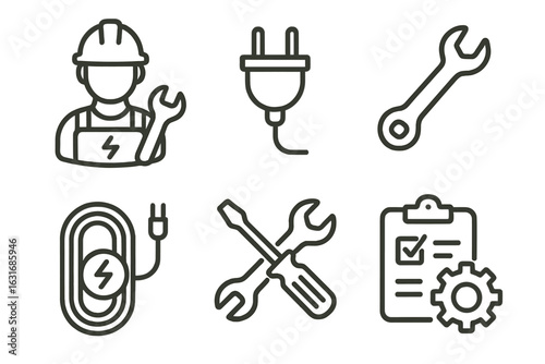 Electrical work icon set featuring tools and maintenance symbols