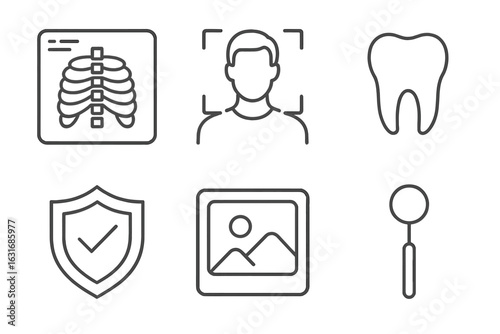 Medical icons: x-ray, portrait, tooth, shield, image, inspection glass