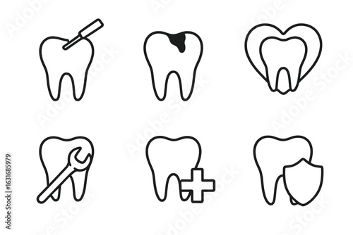 Dental care icons illustrating treatment, decay, hygiene, repair, health, and protection