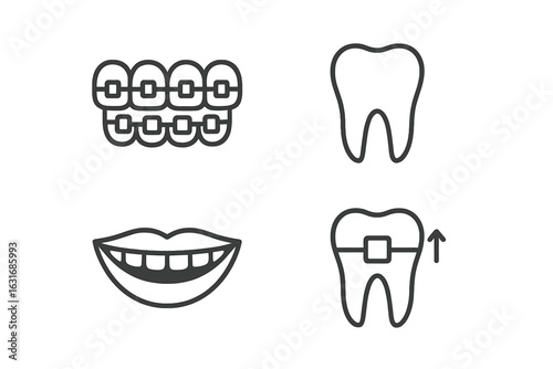 Dental care icons: braces, healthy teeth, smiling mouth, tooth alignment