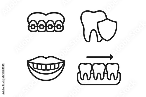 Dental icons depicting braces, tooth protection, smile, and aligned teeth
