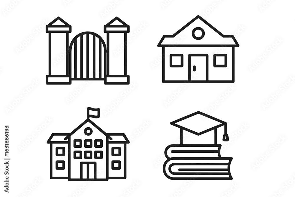 Fototapeta premium Education icons collection featuring school, books, and gate in black and white