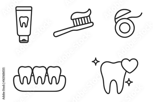 Dental hygiene icons: toothpaste, toothbrush, floss, teeth, sparkling tooth