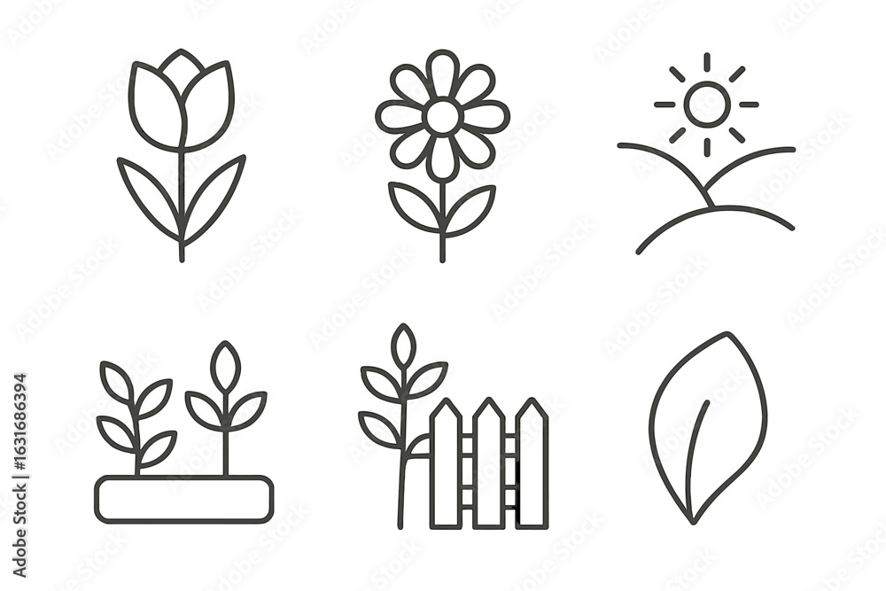 Fototapeta premium Minimalist garden icons: flower, sun, leaf, fence, plant, line art set