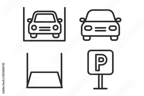Car parking icon set: garage, car front view, parking space, parking sign