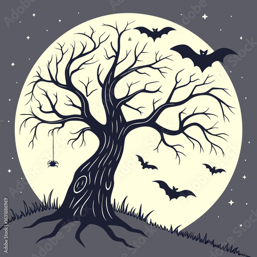A spooky halloween scene featuring a bare tree silhouette with bats flying in front of a full moon background