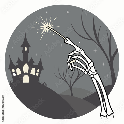 Skeleton hand holding a sparkler in front of a spooky castle with a bare tree in the background