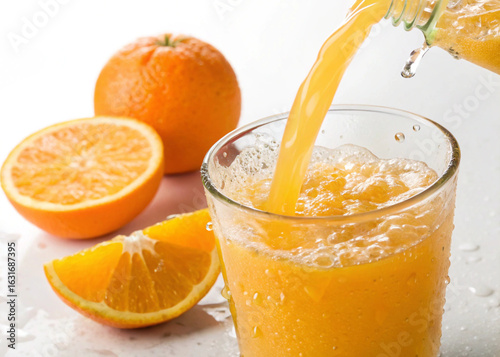 Fresh orange juice pouring into the glass 