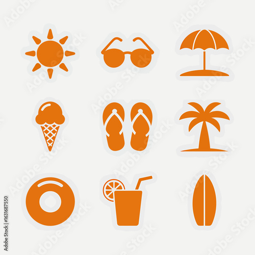 Summer Vacation Orange Icons on White Background Representing Beach Holiday and Tropical Getaway Experience with Beachwear and Refreshments