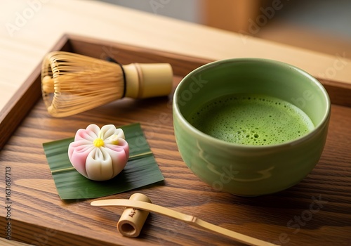 Matcha tea ceremony with traditional whisk and sweet